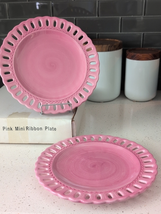 tassie's plates Other - New Tassie's Plate Pink 9" Ribbon Ceramic Plate Set Of 2  Dress Me Up Plates